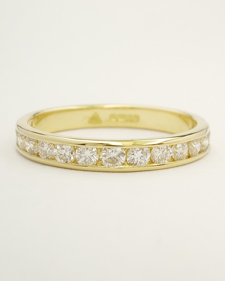 Platinum & channel set round brilliant cut diamond wedding ring set to 55% cover.
