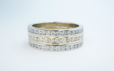 Triple banded diamond set platinum & 18ct. yellow gold wedding ring, diamonds set to 55% cover.