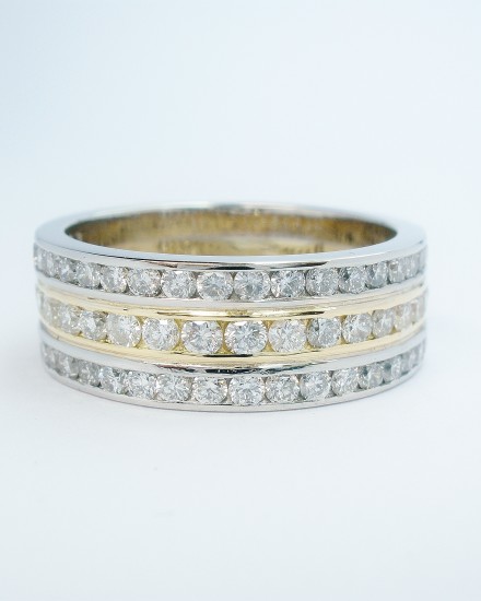 Triple banded diamond set platinum & 18ct. yellow gold wedding ring, diamonds set to 55% cover.