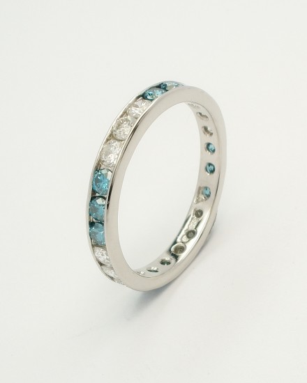 Ocean blue diamond & white diamond full channel set platinum eternity ring.