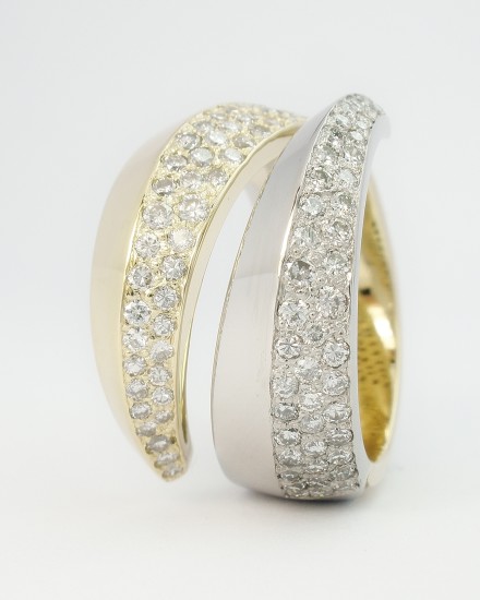 18ct. yellow gold & palladium pave set round brilliant cut diamond triangular sectioned wrap over ring.
