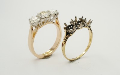 My 18ct red gold & platinum peg set 3 stone diamond ring remodel with the original very worn ring mount
