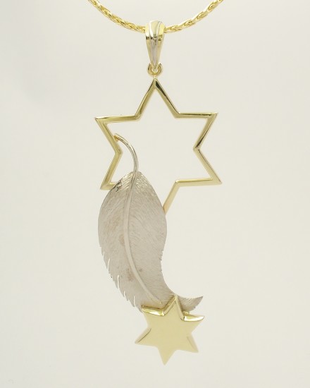 The design concept for this star and feather pendant was inspired from a significant event the client experienced a few days after her husbandâ€™s death. Using her husbandâ€™s wedding ring Alan was able to create both stars by rolling into sheet and wire. Palladium sheet was supplied to create the feather.