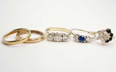 Items supplied. Clients motherâ€™s 3 stone diamond engagement ring & 3 stone sapphire and diamond ring, both her grandmothersâ€™ wedding rings, and her own diamond dress ring.