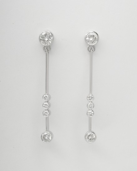 Pair of 5 stone rub-over set round brilliant cut diamond fine wire pendulum drop earrings set in 18ct. white gold.