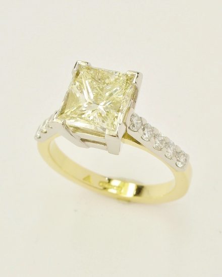 2.01ct. champagne colour princess cut diamond 18ct. yellow gold & platinum ring with 'D' colour round brilliant cut diamonds cut-down set in.