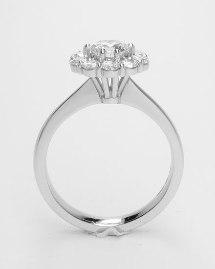 A halo cluster ring comprising 11 round modern brilliant cut diamonds set in platinum. 0.50ct. 'E' colour centre diamond.