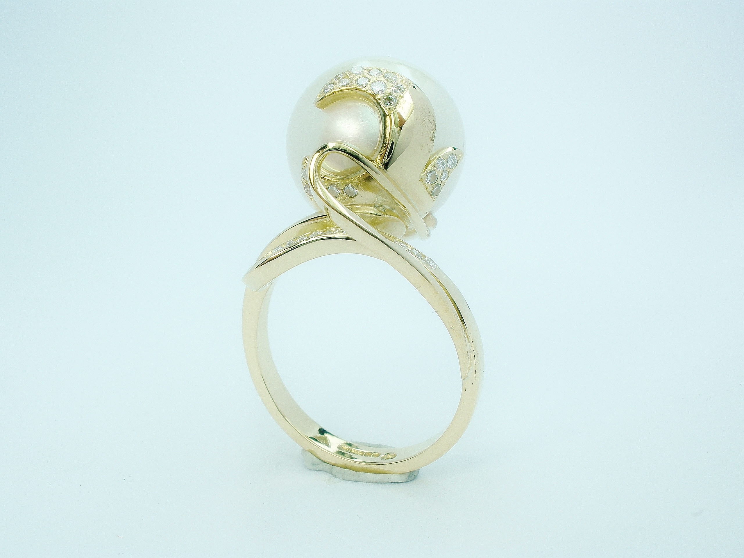 South Sea Pearl (14mm natural pearl) & diamond organically styled 18ct. yellow gold ring.
