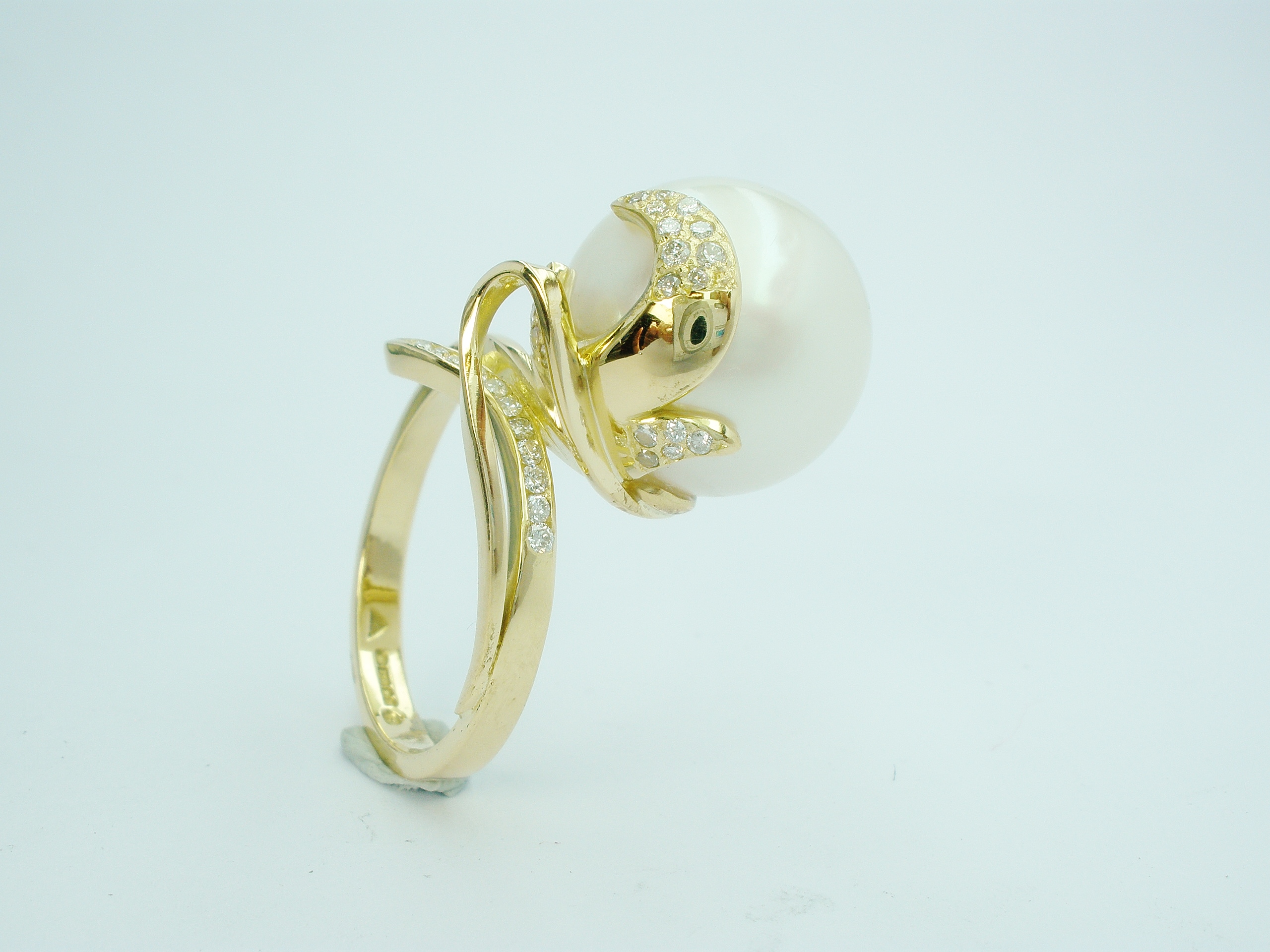 South Sea Pearl (14mm natural pearl) & diamond organically styled 18ct. yellow gold ring.