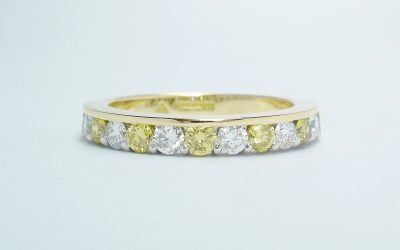 Canary yellow diamond & white diamond eternity ring part channel set to 55% cover, mounted in 18ct. yellow gold and platinum