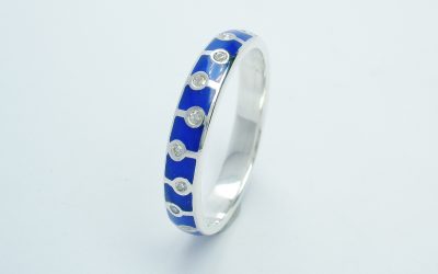 Silver, blue ceramic & diamond set ring. Original £160, was £110, now £80