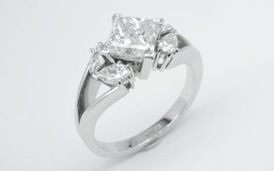 1.80ct. princess cut diamond & pear shaped diamond 5 stone platinum engagement ring.