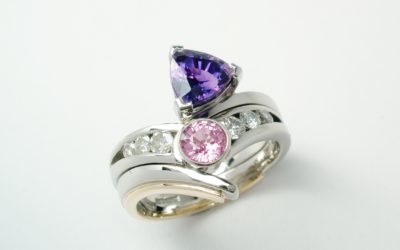 Purple trilliant sapphire and diamond ring fitting with round pink sapphire and diamond 4 stone ring.