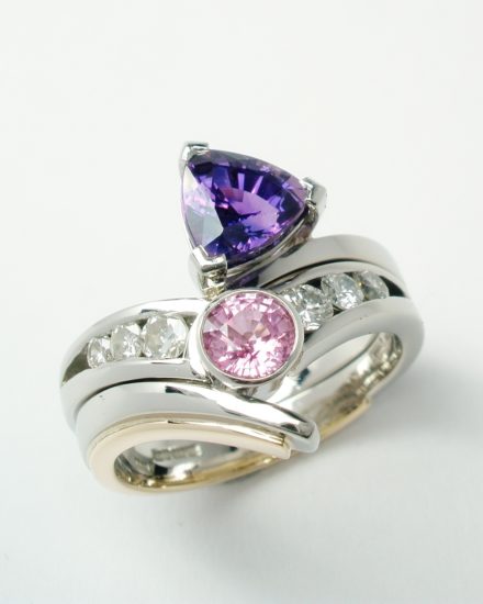 Purple trilliant sapphire and diamond ring fitting with round pink sapphire and diamond 4 stone ring.