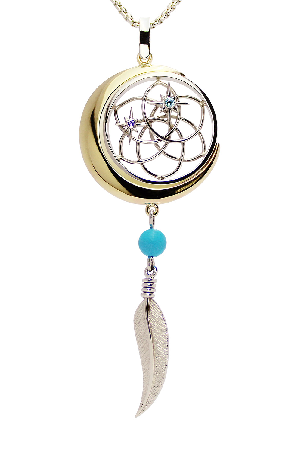 palladium & 9ct. yellow gold dream catcher pendant set with a small tanzanite, blue zircon and turquoise bead