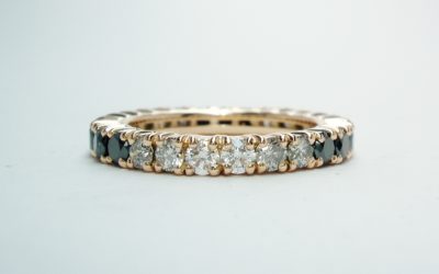 A black, 'grey' & white diamond full hoop diamond ring mounted in red gold.