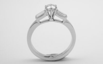 A single stone round brilliant cut diamond ring with baguette shoulders mounted in platinum