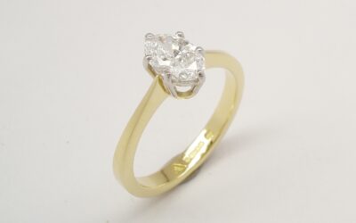 A single stone 0.50ct., 'E' colour, VVS2 clarity oval diamond ring mounted in 18ct. yellow gold and platinum.