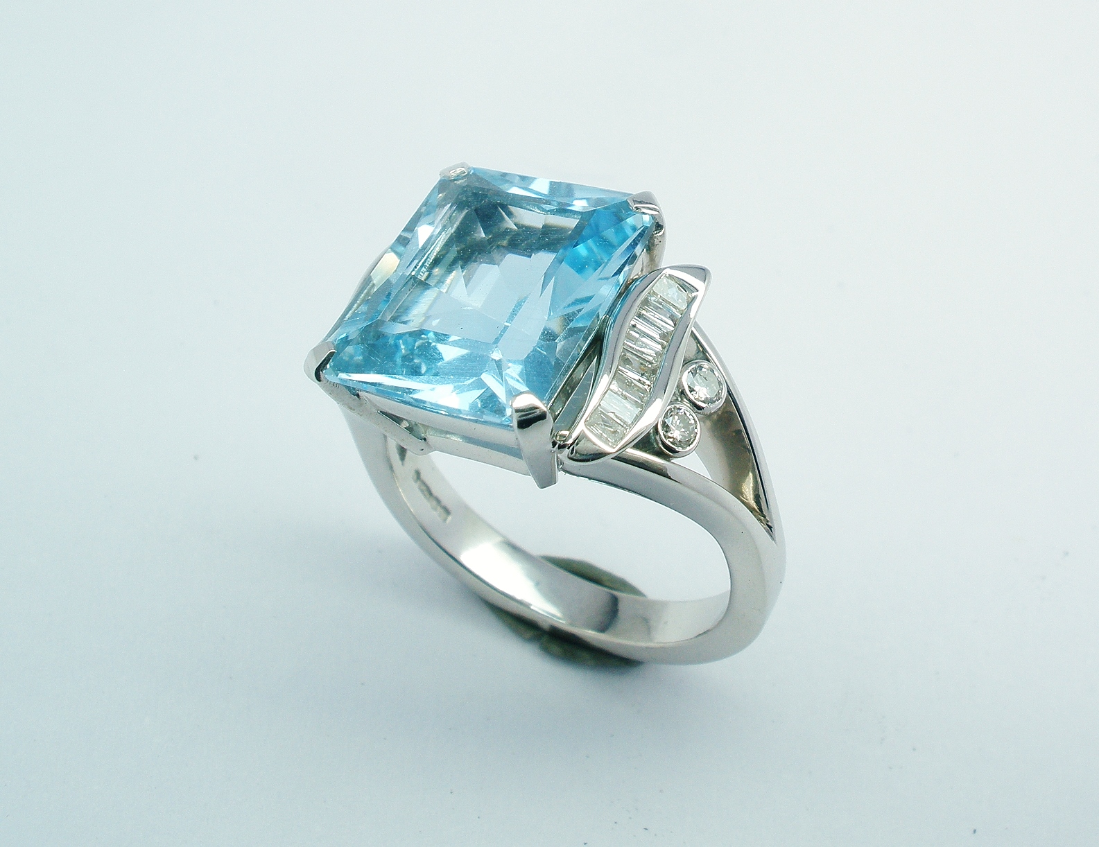 Single Stone Emerald Cut & Diamond Aquamarine Ring