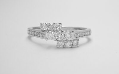 A 9 stone round brilliant cut diamond ring mounted in platinum and channel set with 9 round brilliant cut diamond down each shoulder.