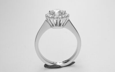 A 13 stone round brilliant cut diamond cluster mounted in platinum with a solid knife edged shoulder shank.