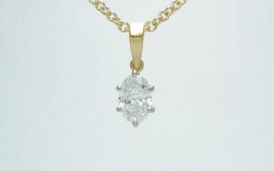 A single stone oval diamond pendant mounted in platinum and 18ct. yellow gold.