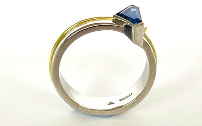 A single stone 'kite' shaped sapphire ring rub-over set in platinum with an 18ct yellow gold wire applied along the back edge and mounted on a 6mm broad platinum band with a part inlayed 18ct green gold round wire around the centre.