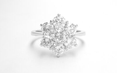 A 7 stone round brilliant cut diamond cluster set in platinum.
