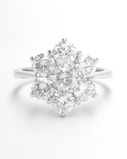 A 7 stone round brilliant cut diamond cluster set in platinum.