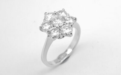 A 7 stone round brilliant cut diamond cluster set in platinum.